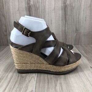 Clarks Indigo Wedge Sandals Womens 7M Taupe Leather Buckle Strap Espadrille